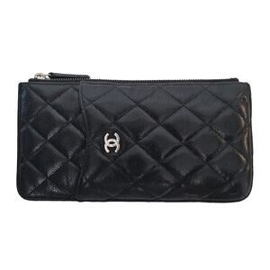 Chanel Black Caviar Leather Quilted Phone Holder Long ZIp Wallet